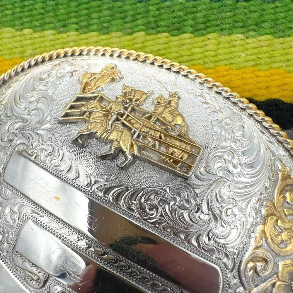 VTG Award Design Medals Oval German Silver Western Trophy Belt Buckle Inscribed